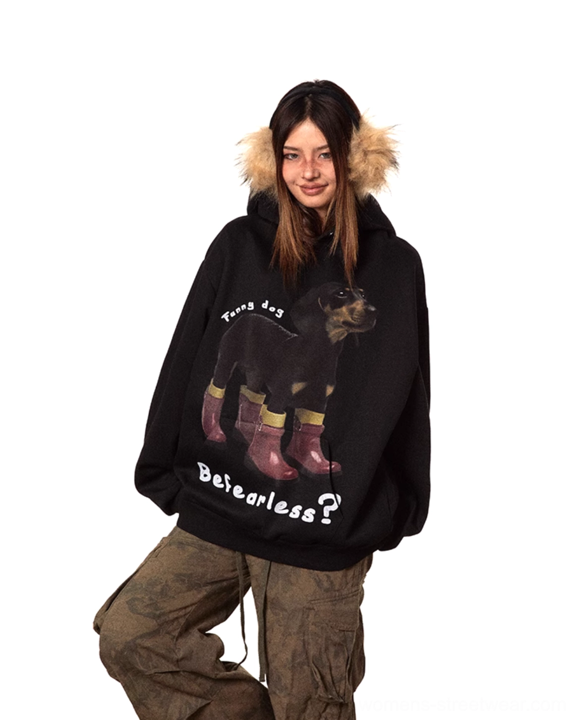 Black oversized dachshund graphic hoodie styled with cargo pants in a low-angle streetwear view, featuring playful dog artwork and slogan print