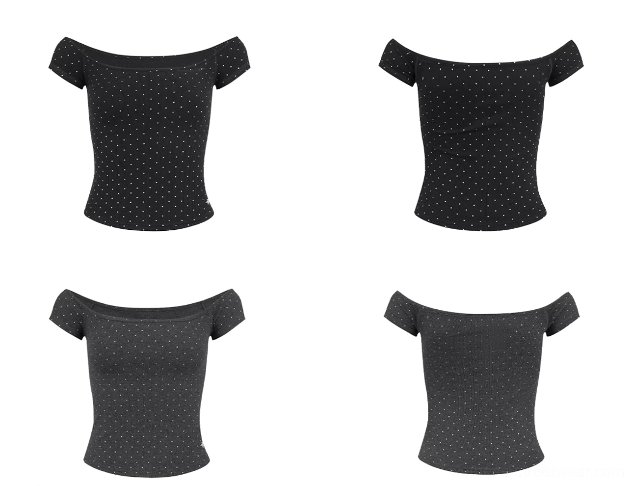 Flat lay display of black crystal embellished and dark charcoal off shoulder ribbed cropped tops showing multiple styling angles