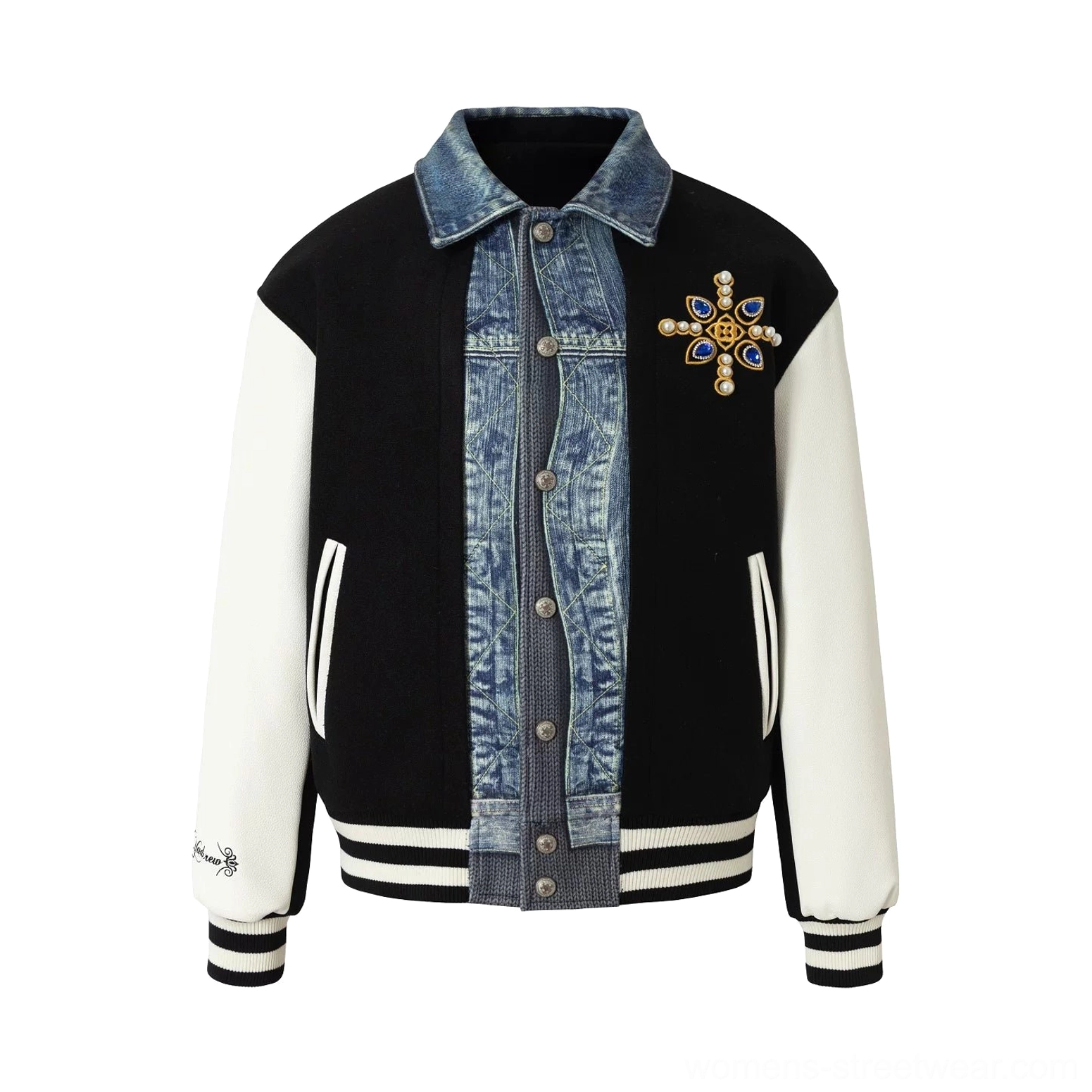 Black denim panel embroidered varsity bomber jacket color option with contrasting sleeves, varsity ribbing, side pockets, and relaxed dropped-shoulder fit