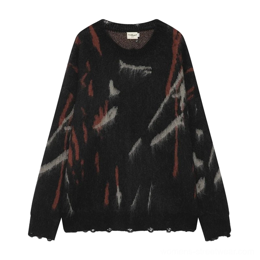 Black distressed abstract graffiti oversized sweater flat lay showing crew neck frayed hem and full print