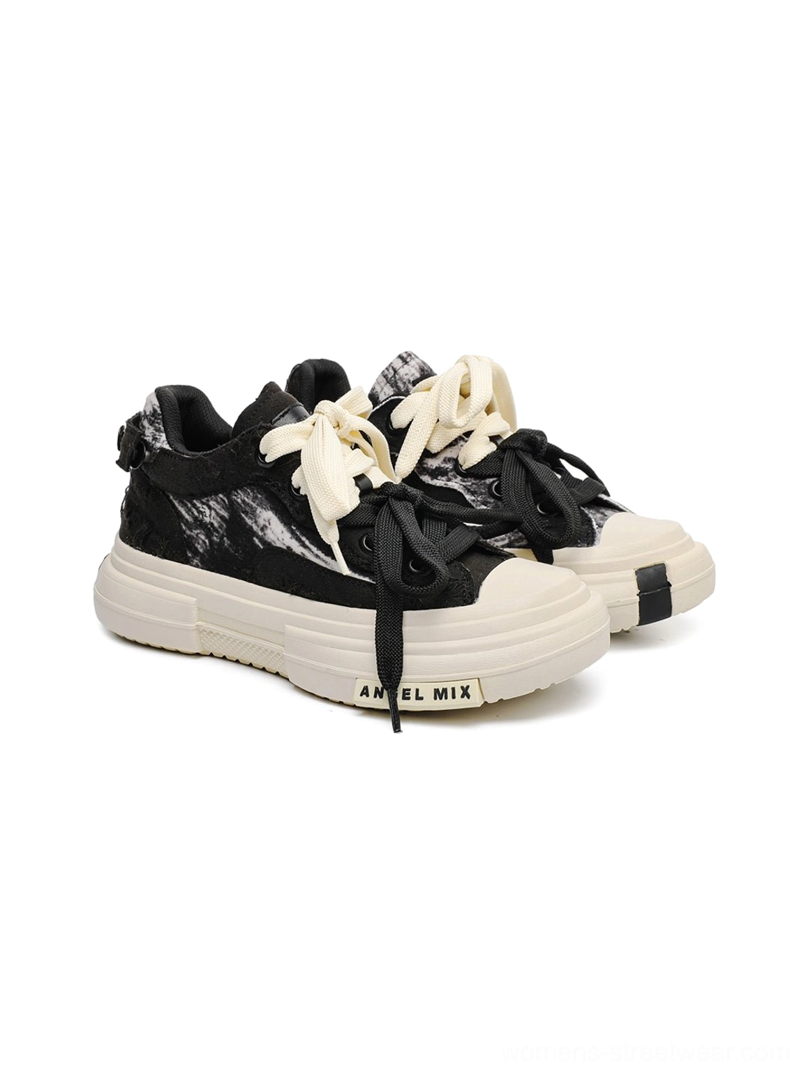 Black distressed canvas platform sneakers product image highlighting the elevated sole and versatile streetwear design