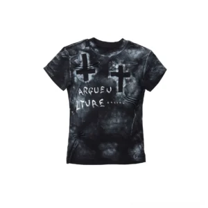 Black distressed cross graphic T-shirt with faded tie-dye finish, layered cross appliqués, ARGUEU LTURE lettering, metallic stud details, and slim short sleeve streetwear fit