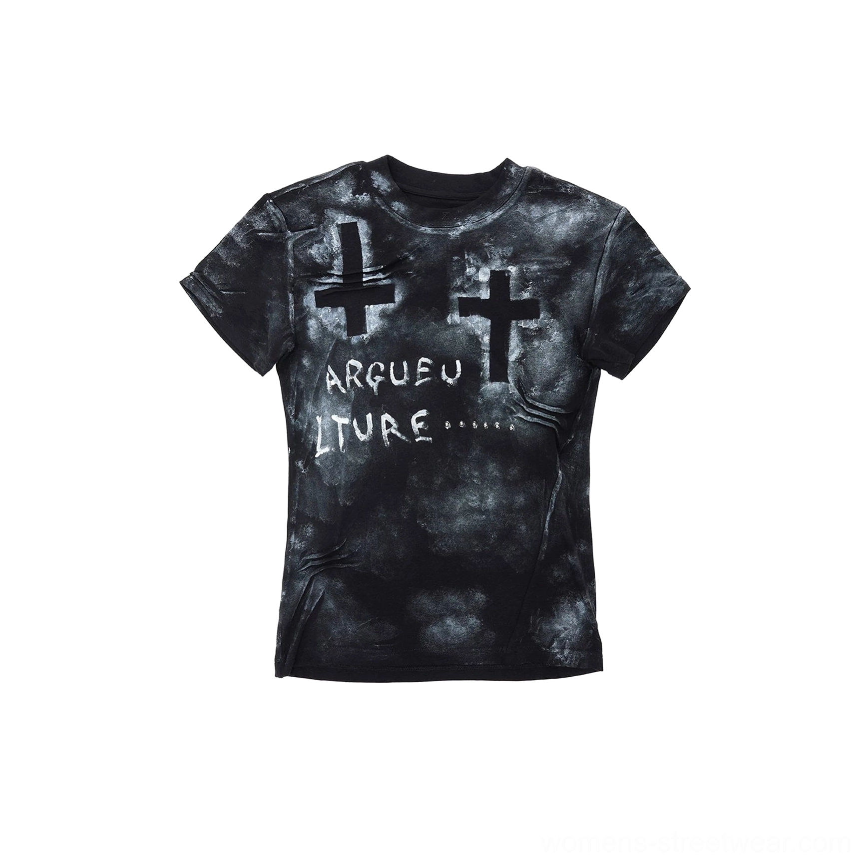 Black distressed cross graphic T-shirt with faded tie-dye finish, layered cross appliqués, ARGUEU LTURE lettering, metallic stud details, and slim short sleeve streetwear fit