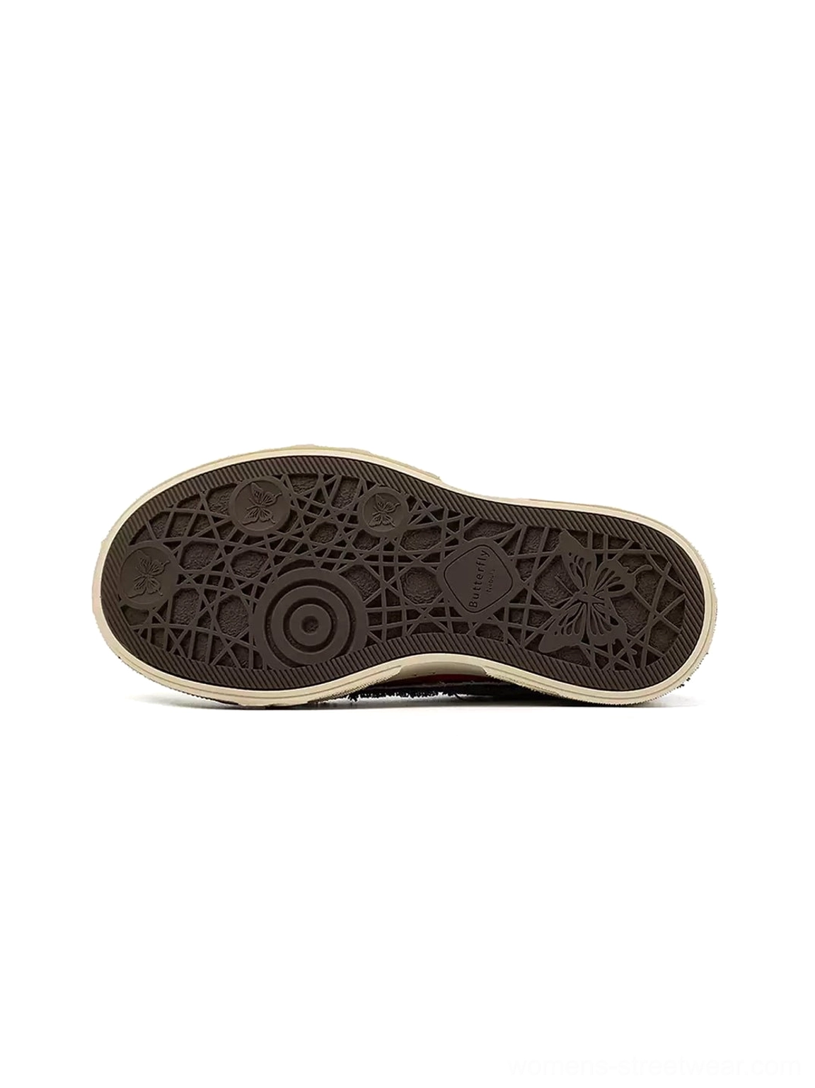 Top-down view of black distressed platform canvas sneaker outsoles with dark rubber geometric tread patterns