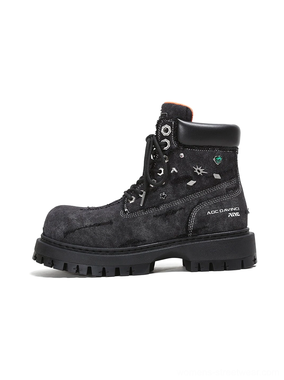Black distressed platform combat boots in left side profile with matte textured upper metal accents and chunky lug outsole