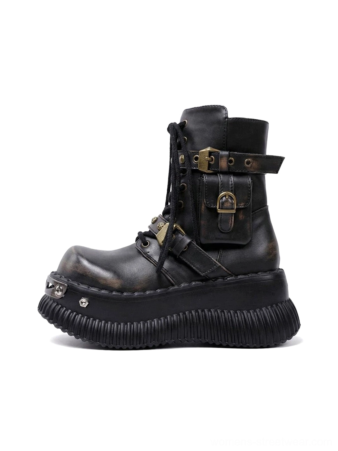 Black distressed punk platform ankle boots shown from the left side with metal toe decorations, vintage hardware, and thick ridged soles