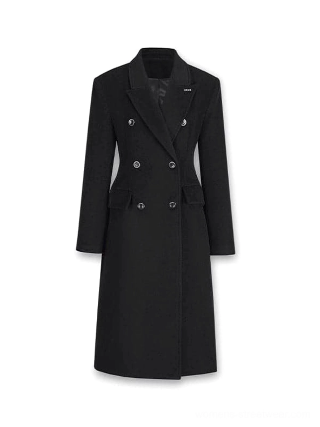 Black double-breasted wool long coat with slim waist tailoring for elevated winter outfits