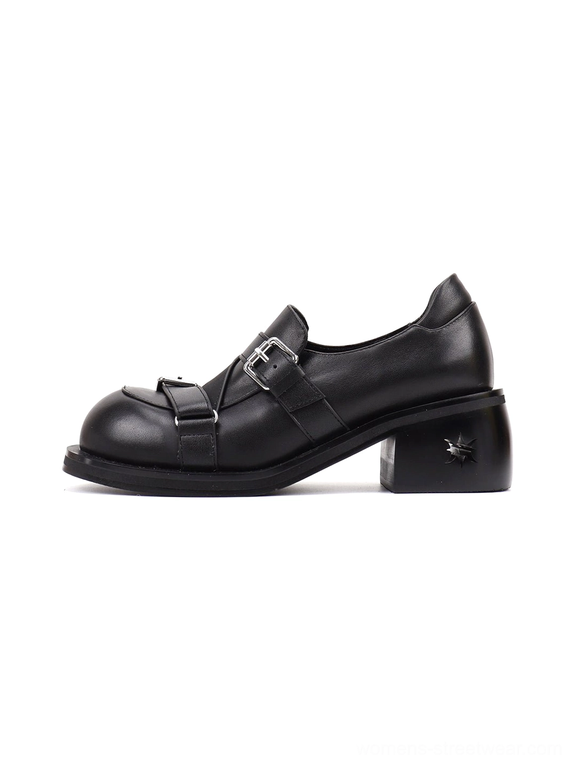 Black double-buckle block-heel loafers shown in left side profile with polished leather-look upper, silver buckles, rounded toe, and chunky 5.5 cm heel