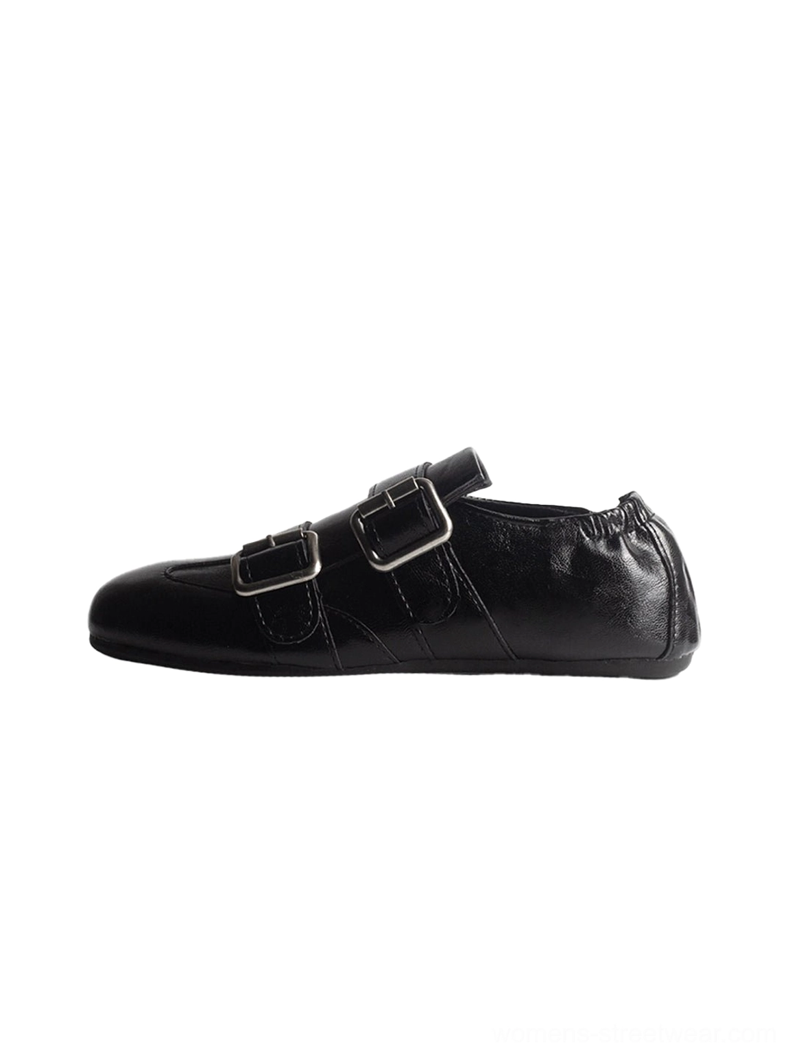 Black double-buckle leather loafer flat side profile with silver hardware and softly squared toe