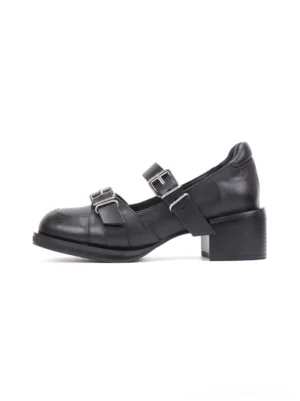 Left side profile of black double-buckle round-toe block-heel Mary Jane shoes with silver adjustable straps and a 5 cm chunky heel
