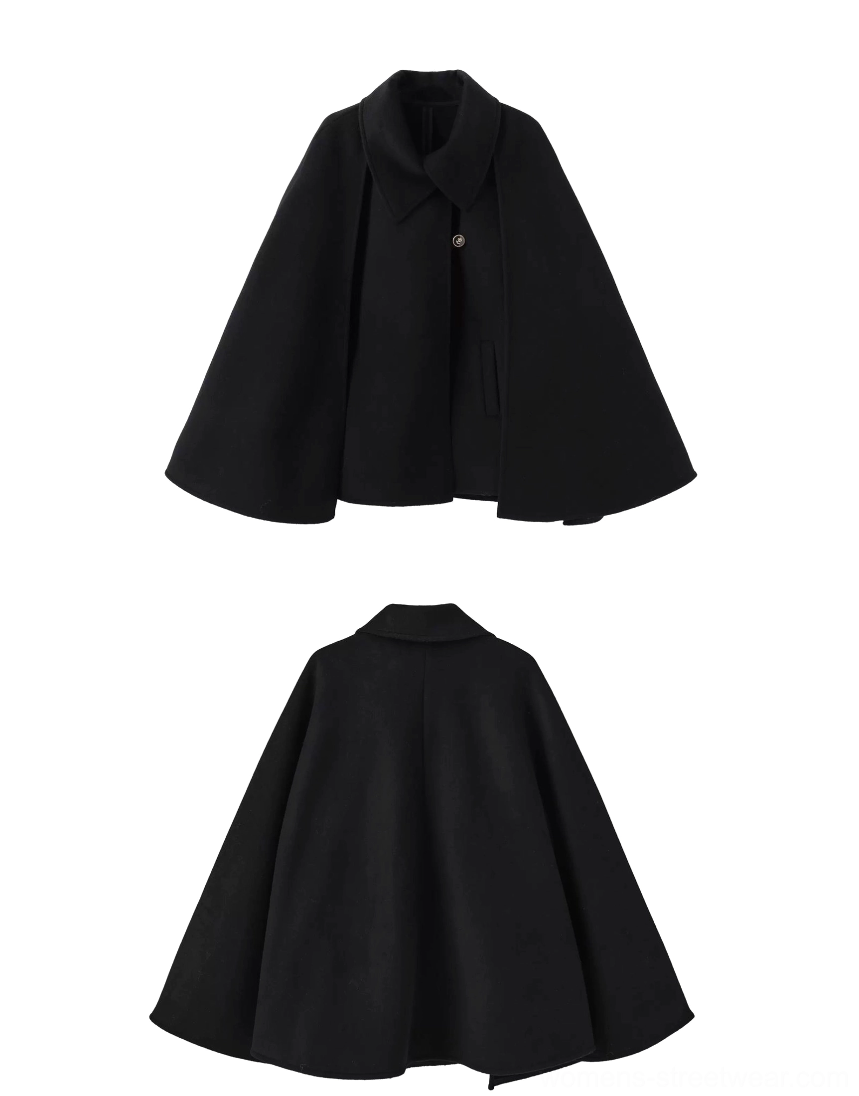 Black double-faced wool cape coat flat lay showing pointed collar single-breasted closure hidden side pockets and flared back silhouette