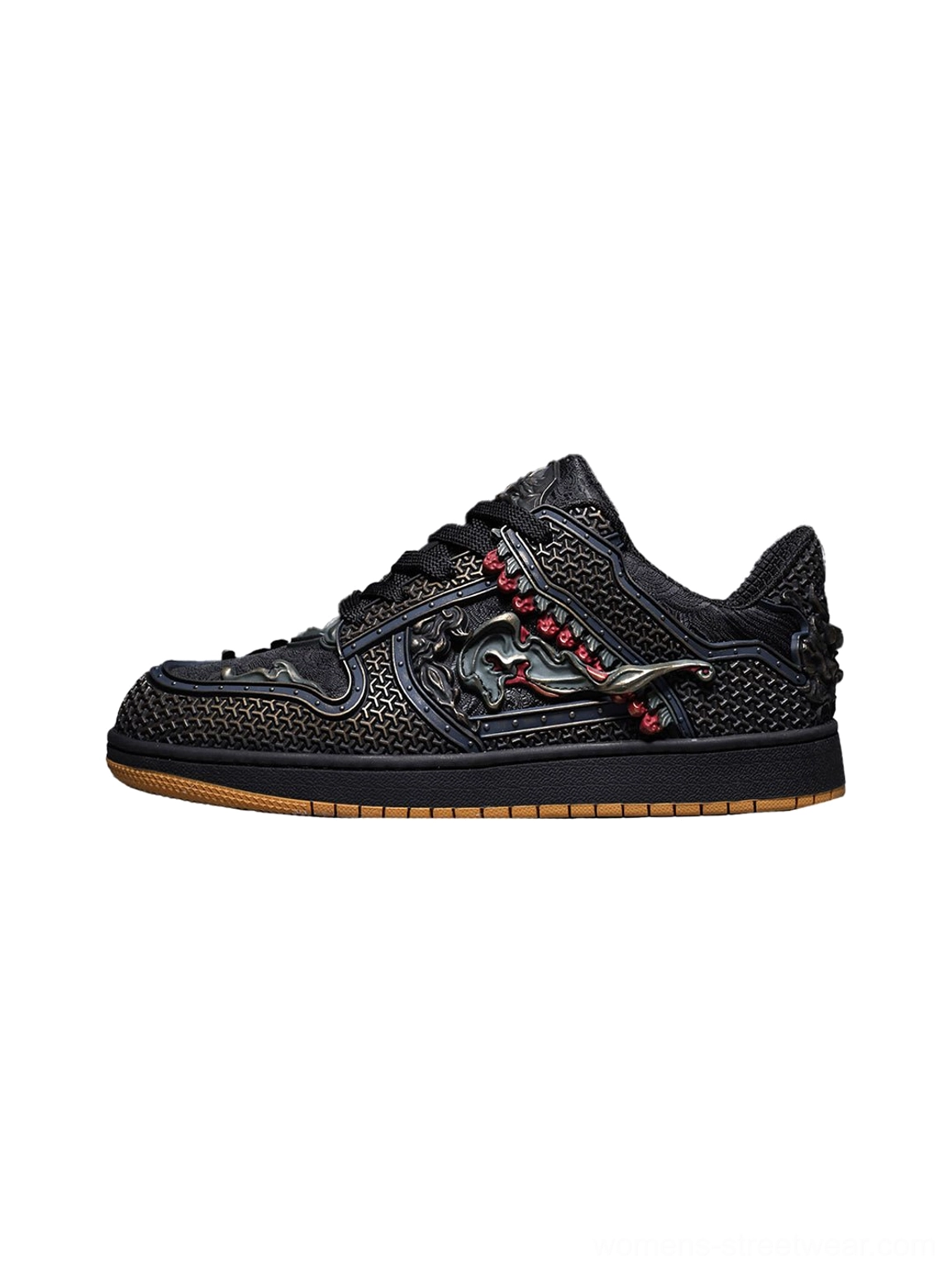 Black dragon embroidered low-top sneaker with perforated upper, bronze dragon decoration, red beaded strap, and gum rubber outsole