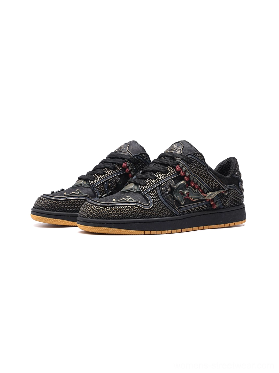 Statement black dragon embroidered low-top shoes for Y2K streetwear, casual styling, and East Asian fashion looks