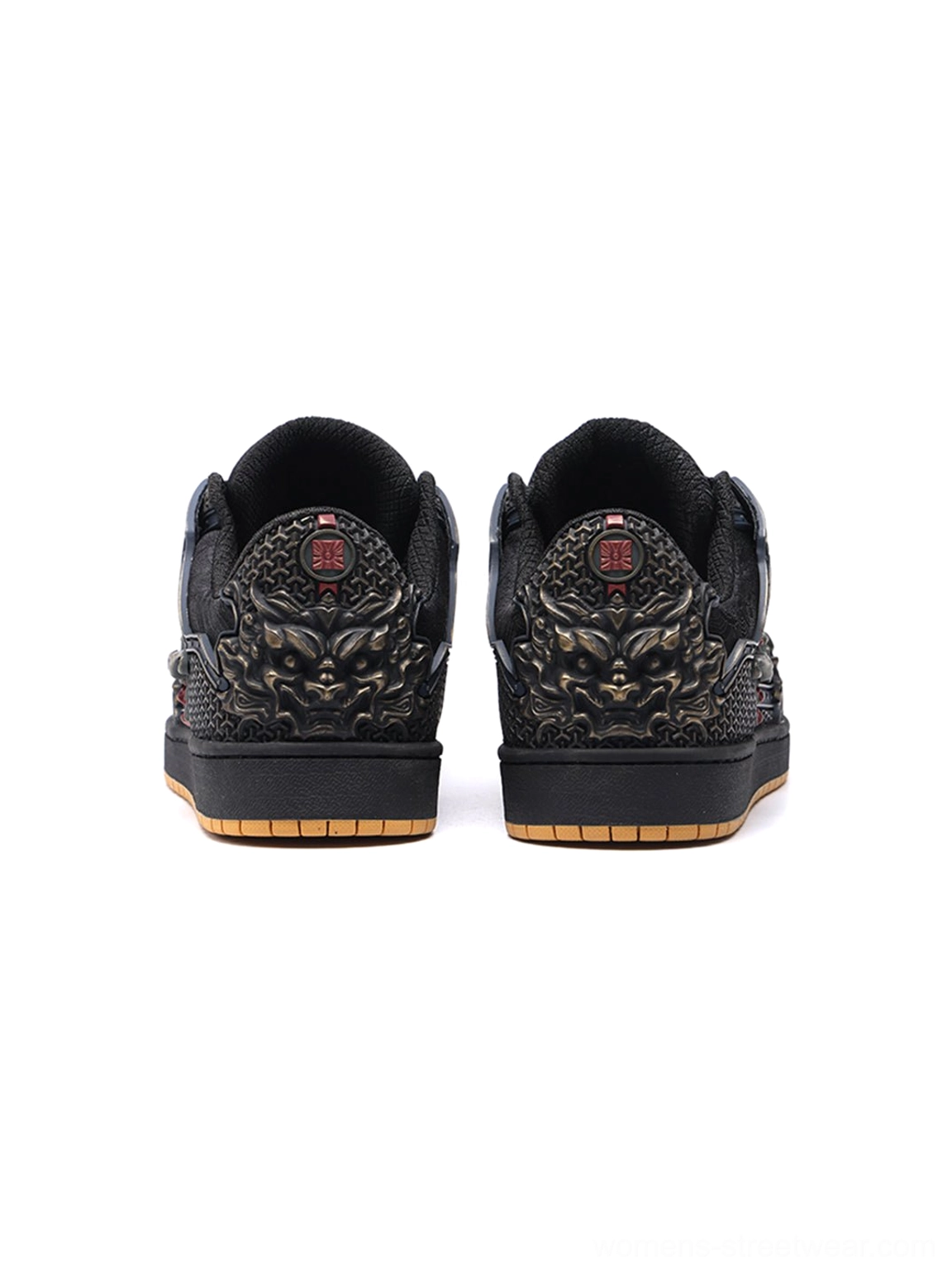 Black dragon embroidered sneakers featuring alternative fashion styling, textured panels, and distinctive decorative accents