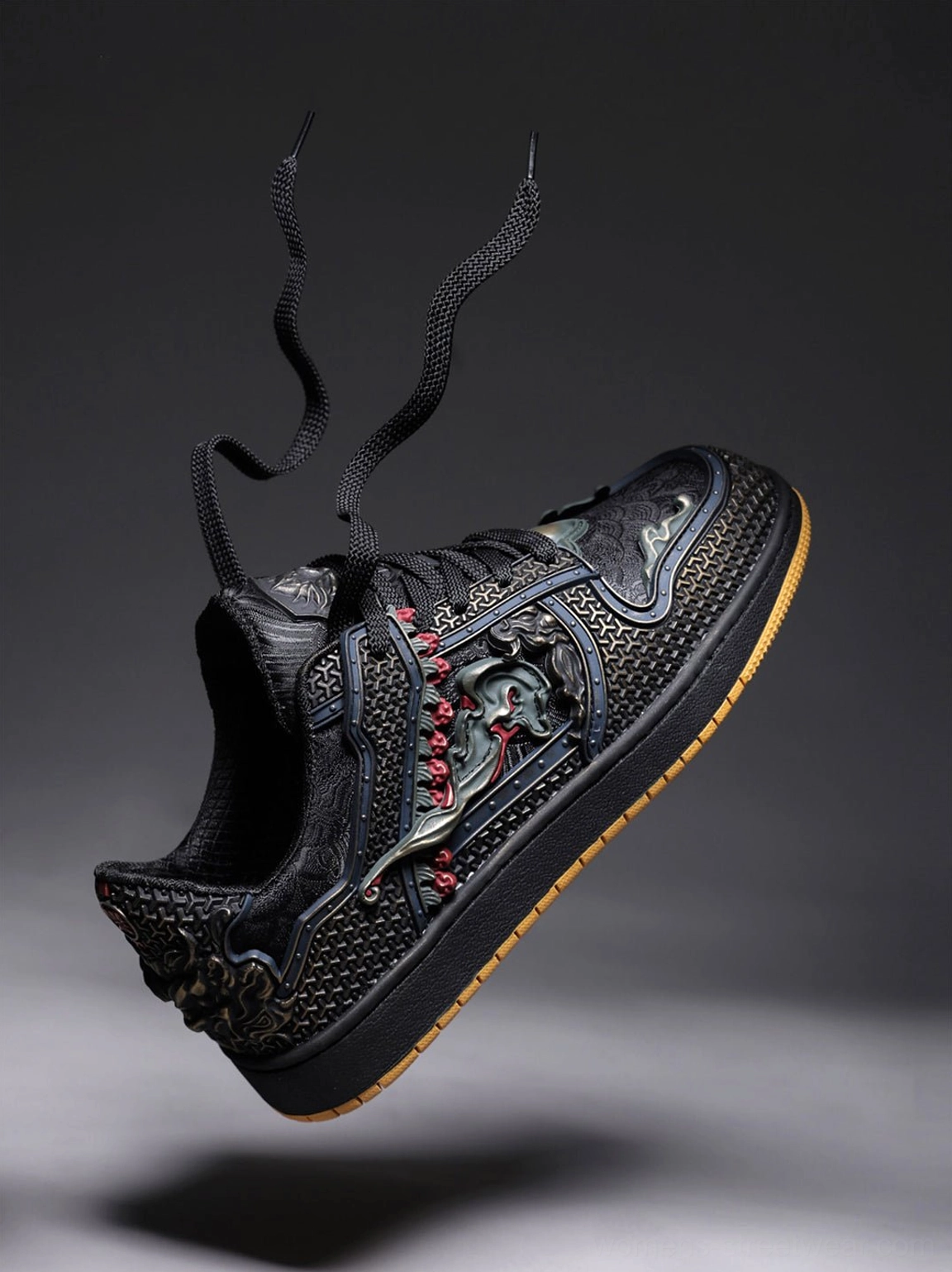 Black dragon low-top casual sneakers designed with a monochrome upper, statement dragon motif, and contrast outsole