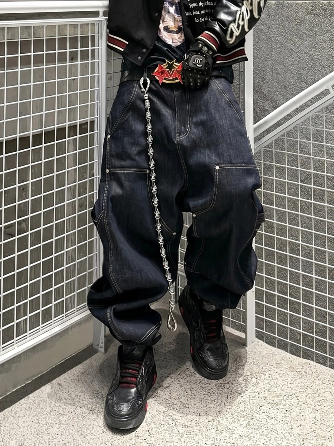Black dragon platform sneakers shown during a walking demonstration with baggy work denim, red belt hardware, and industrial streetwear styling