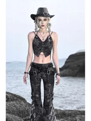 Black dragon print cropped bustier top with metallic chain details styled in a gothic western streetwear outfit with flared pants
