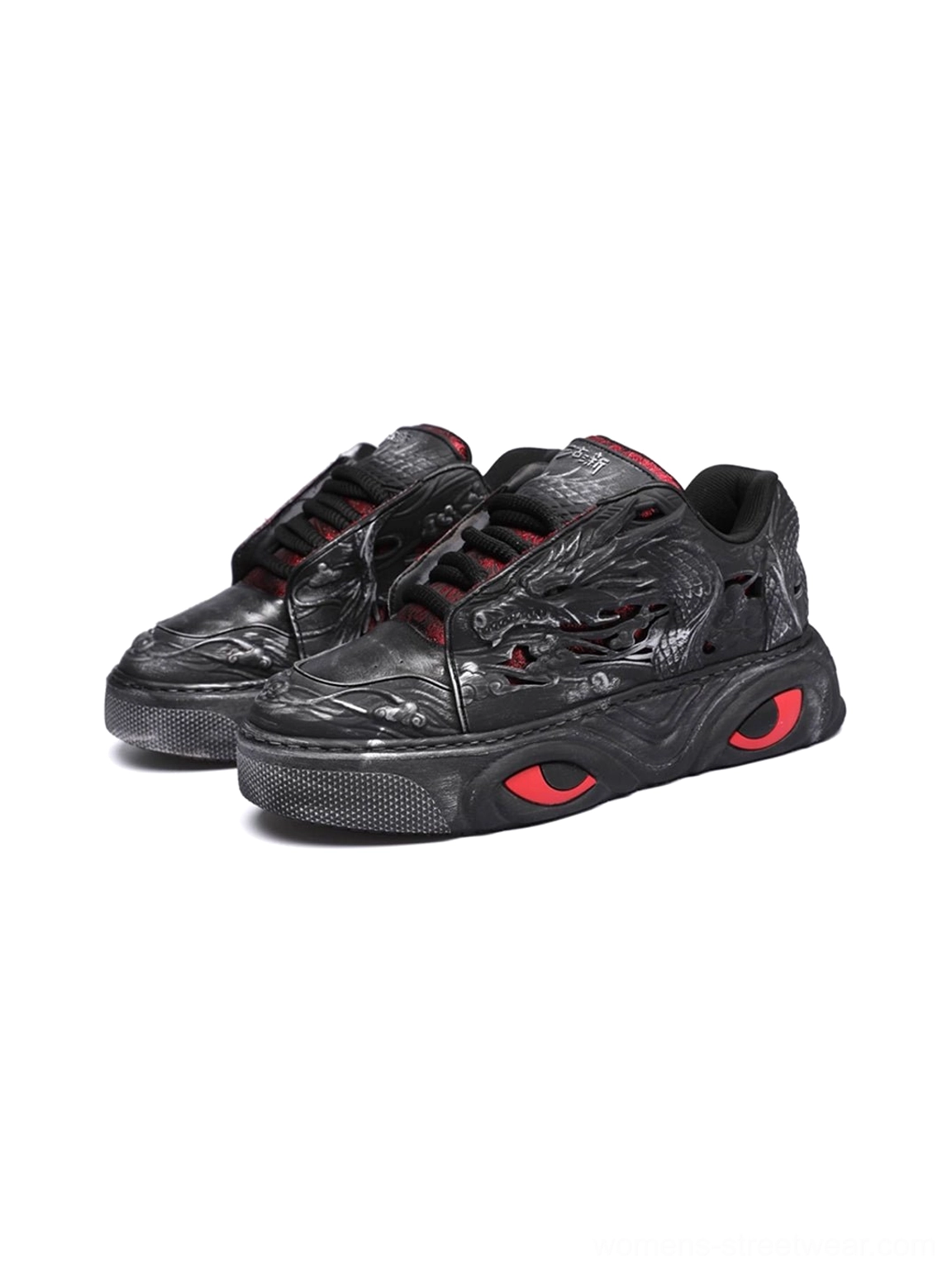 Black dragon relief chunky platform sneakers product image featuring a dark streetwear silhouette, sculpted embossed upper, and red accent details