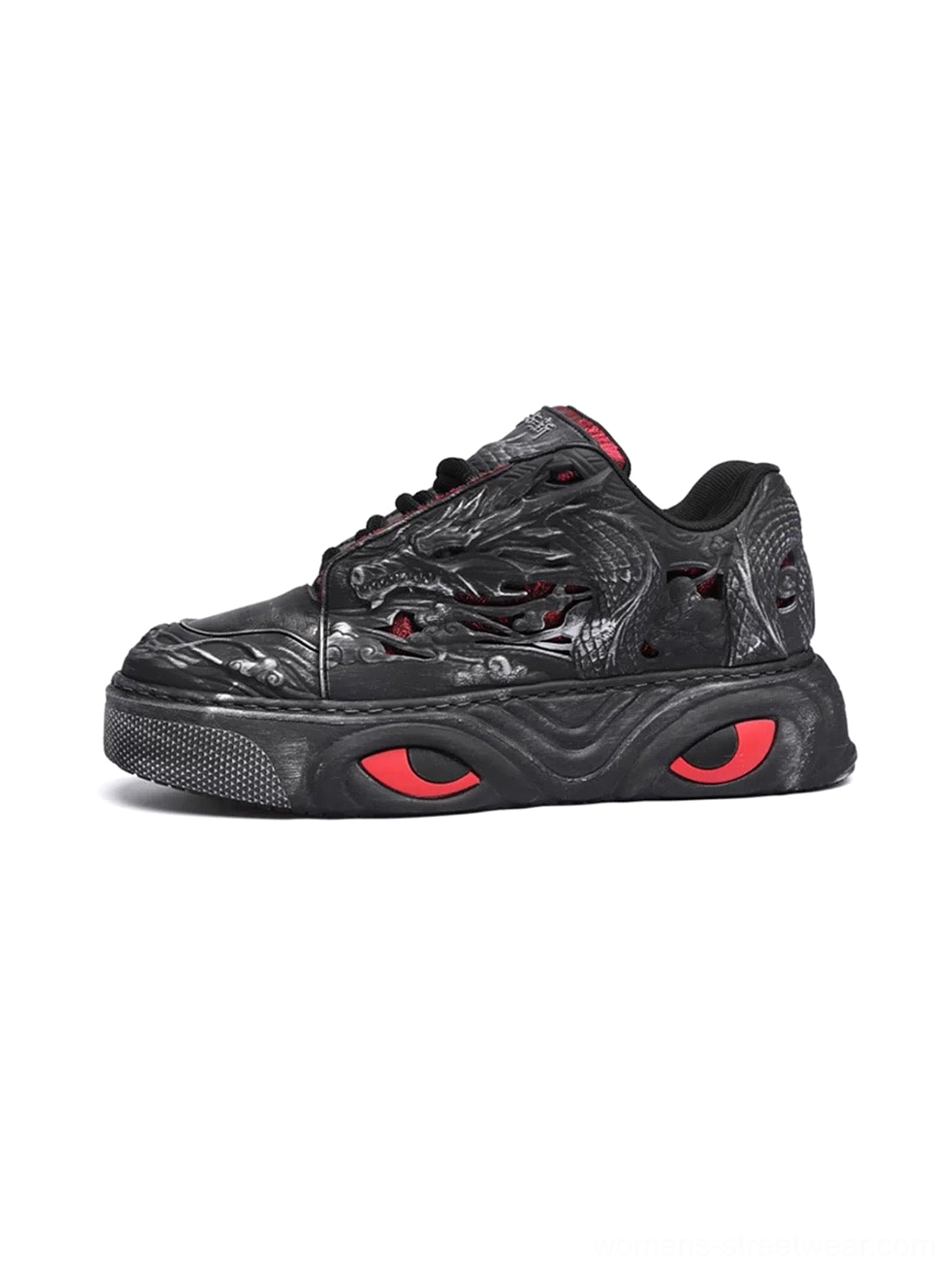 Black dragon relief chunky platform sneakers shown in a left side profile with embossed dragon artwork, red sole accents, and thick black platform outsole