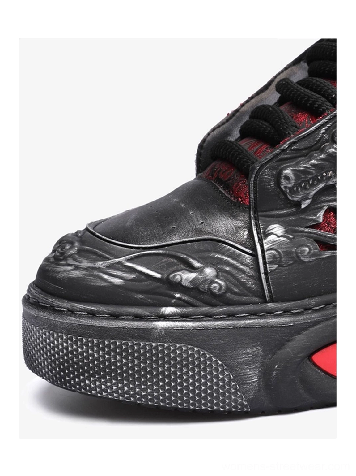 Black dragon relief platform sneakers with chunky soles and red accents designed for Y2K goth fashion, Korean street style, and avant-garde outfits