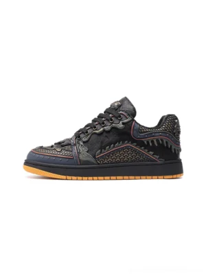 Black dragon-scale low-top sneakers with bronze dragon embossments, stud accents, geometric textile panels, and gum brown rubber outsole shown from the side