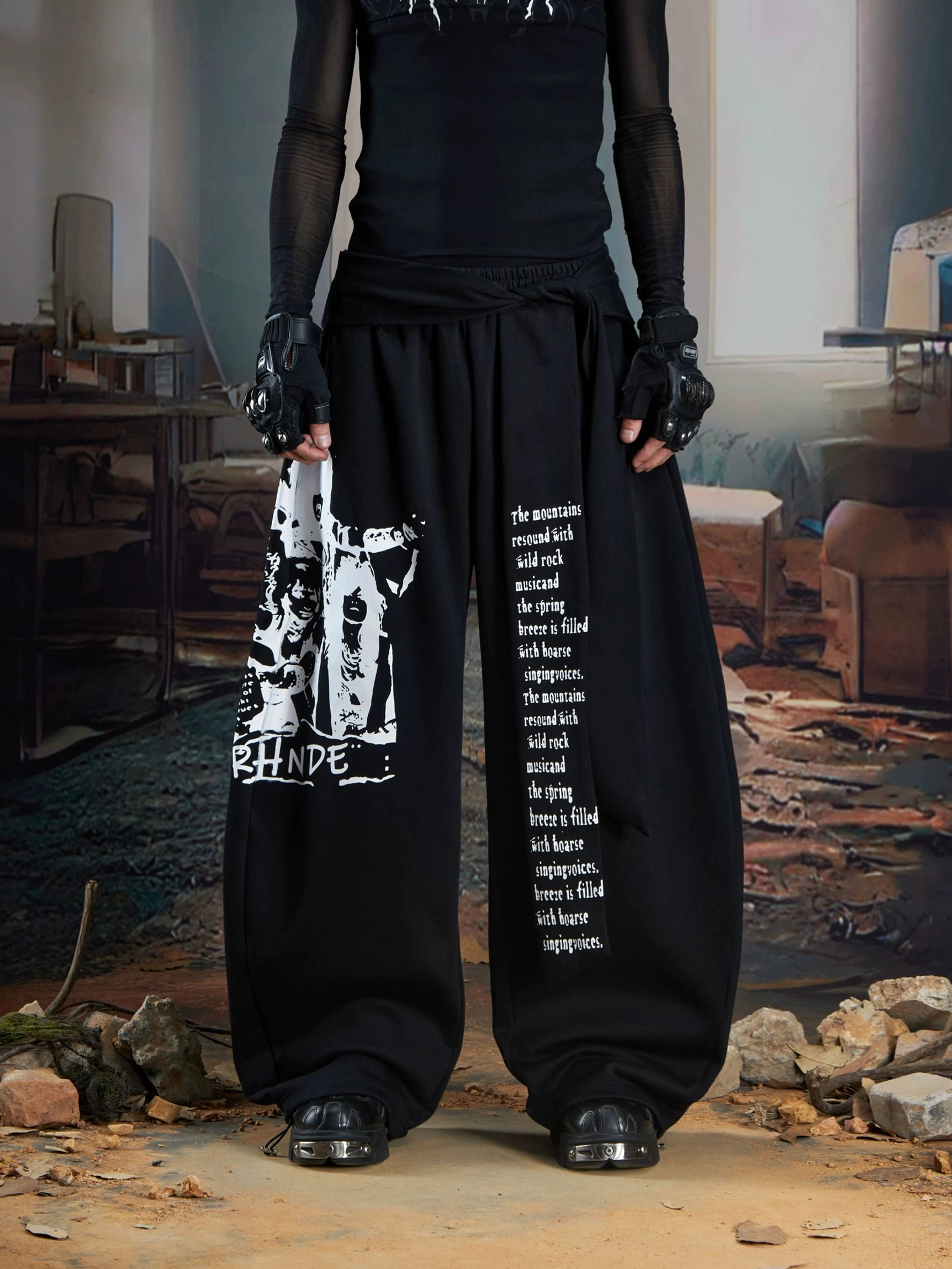 Black draped panel graphic wide-leg streetwear joggers alternate product view