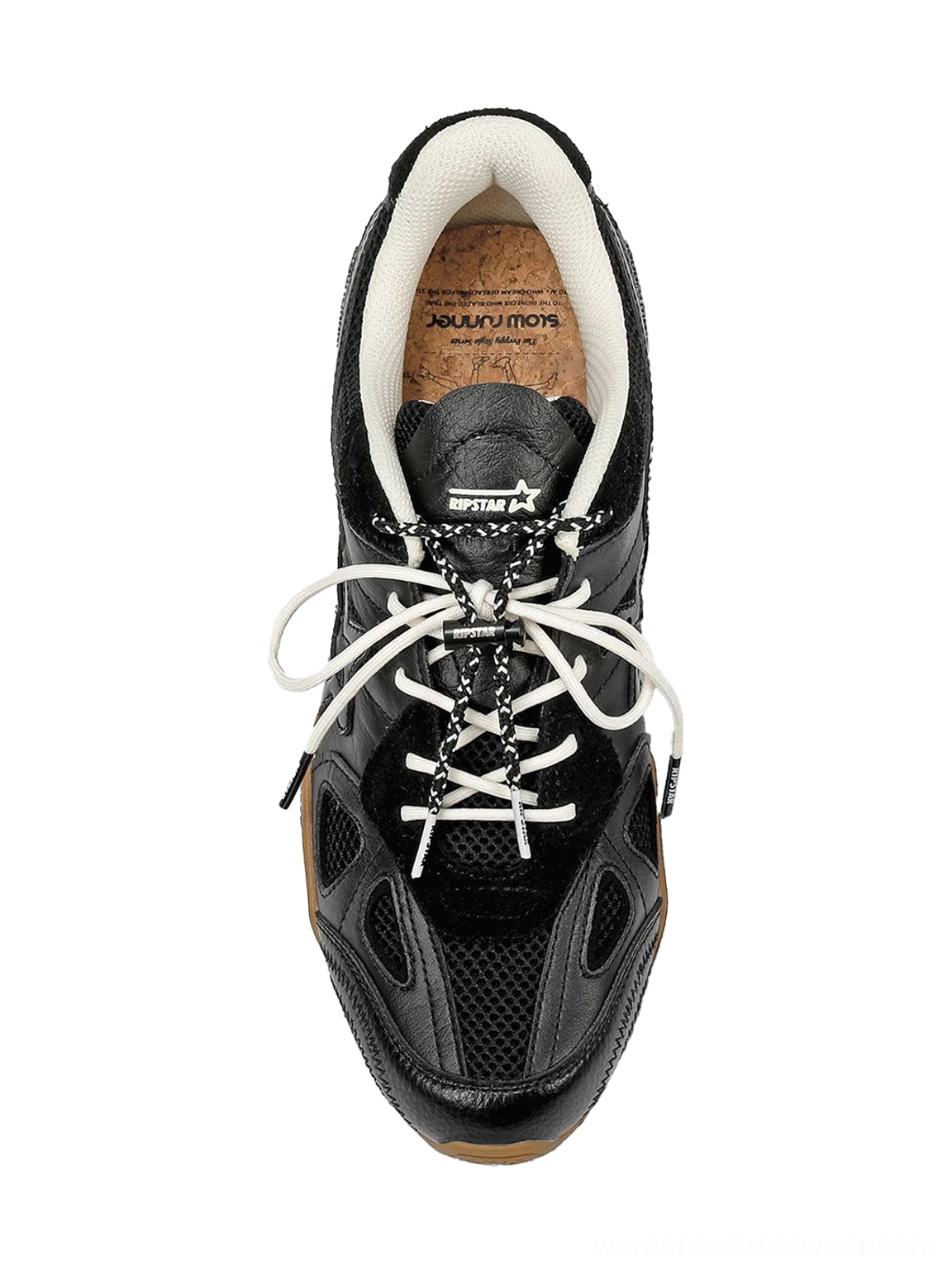 Top-front view of a black drawcord runner sneaker with breathable mesh panels, tongue detail, textured overlays, and cushioned insole