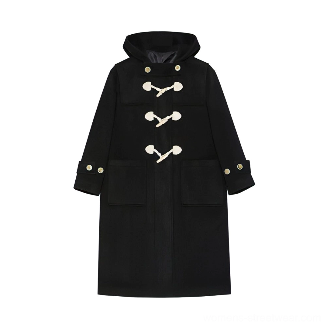 Black duffle coat flat lay showing complete toggle closure system and pocket configuration
