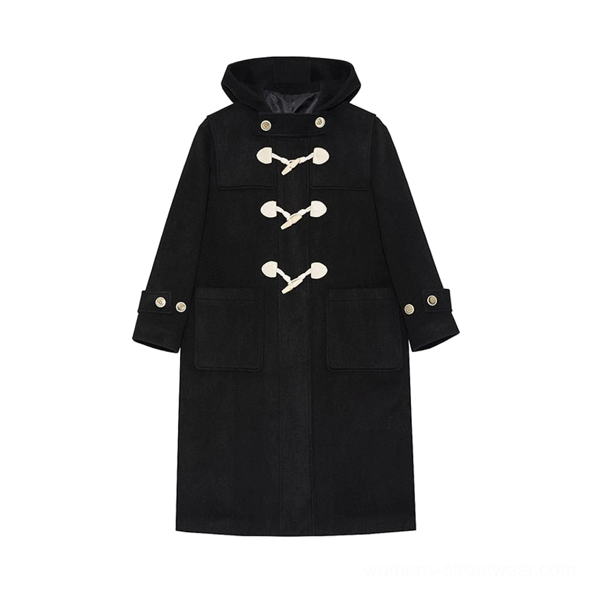Black wool duffle coat flat lay front view three horn toggle closures patch pockets solid finish