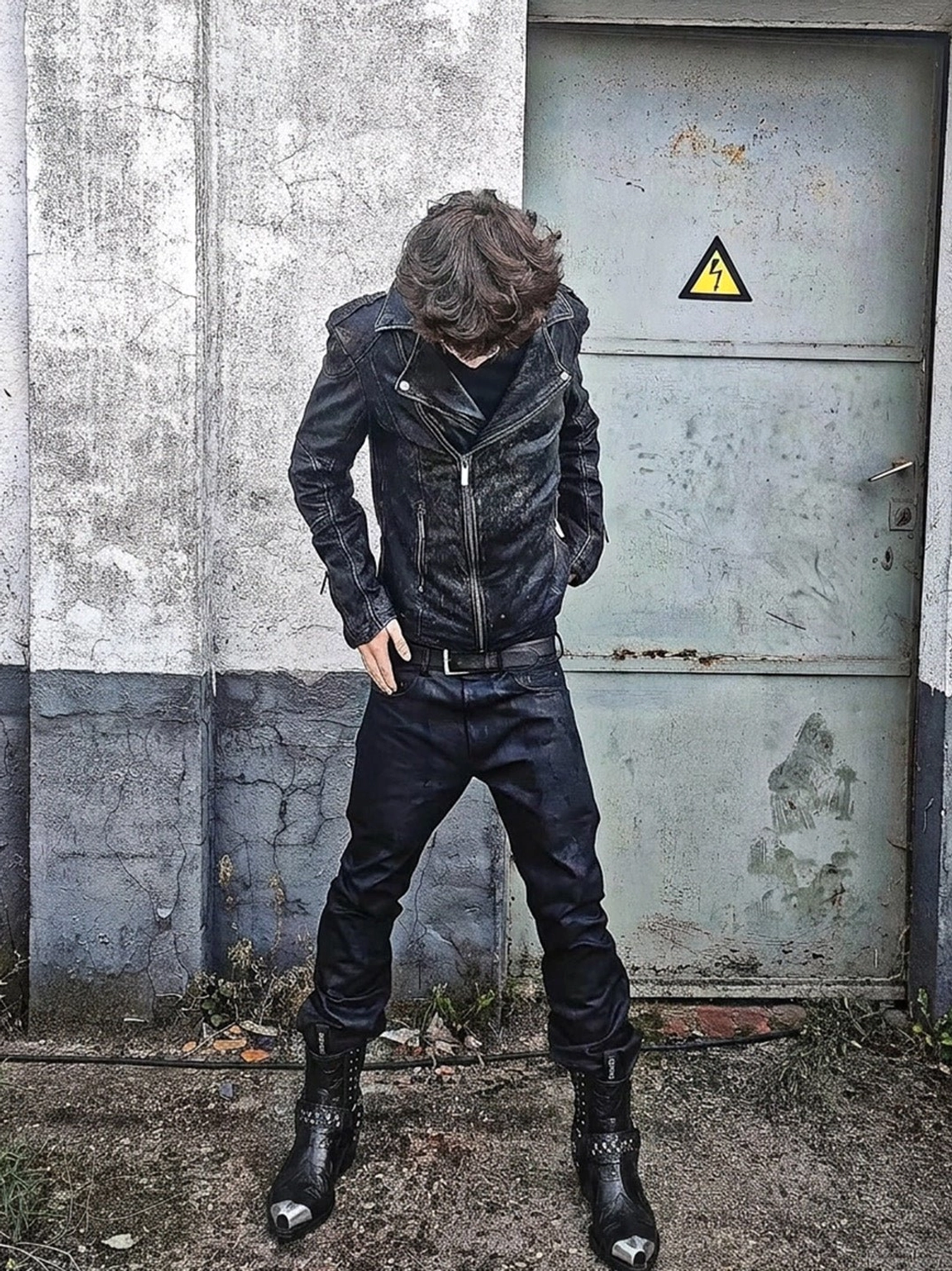Male model wearing black embossed leather western Chelsea boots with pointed silver toe caps in an industrial street setting