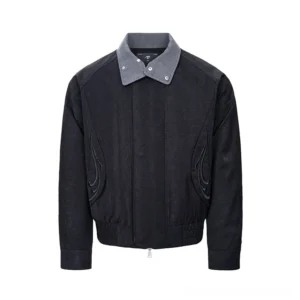 Black embroidered houndstooth double-collar streetwear jacket with contrasting collar, tonal flame embroidery, and metal front zipper