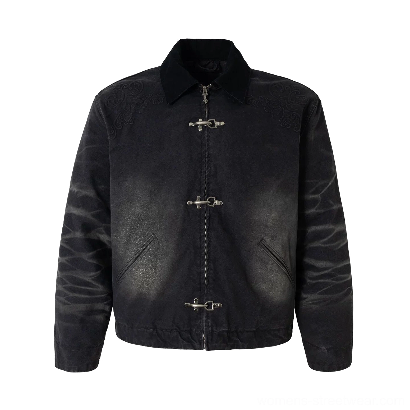 Black embroidered toggle front utility jacket product image with relaxed fit, metal closures, and modern streetwear styling