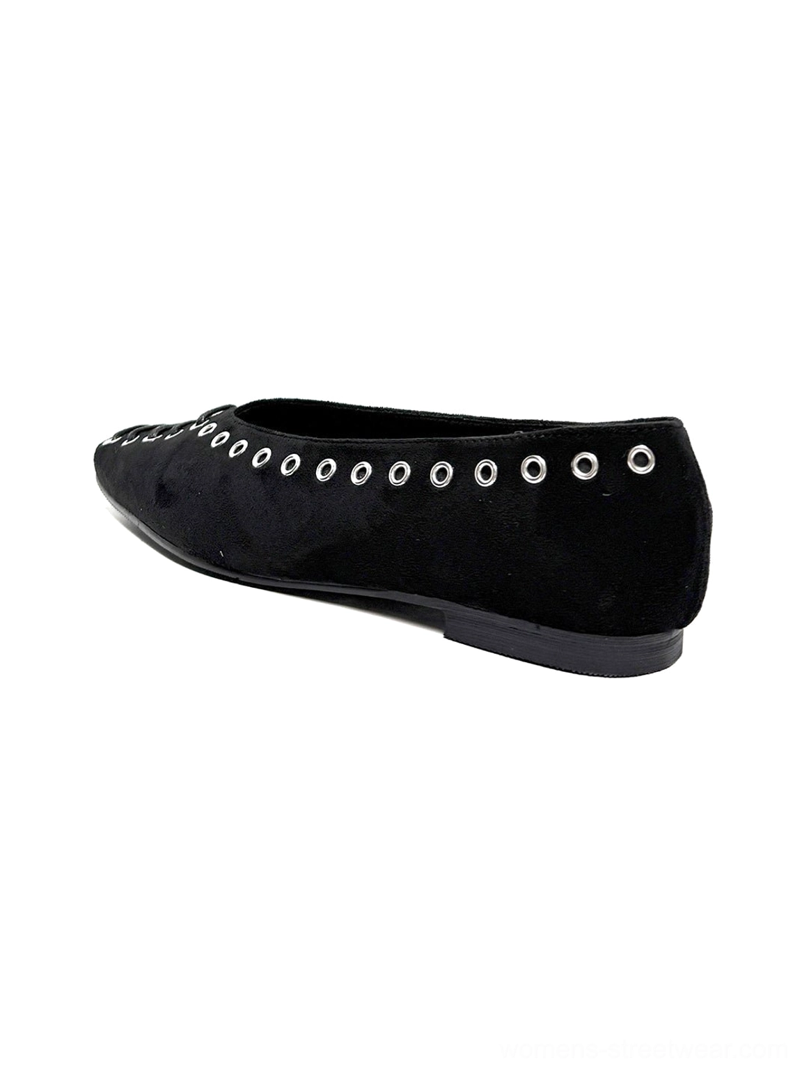 Right side profile of a black ballet flat with silver eyelet trim and a low flat sole