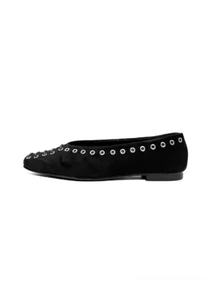 Black square-toe ballet flat with silver metal eyelet trim and matte suede-look upper shown in a side profile