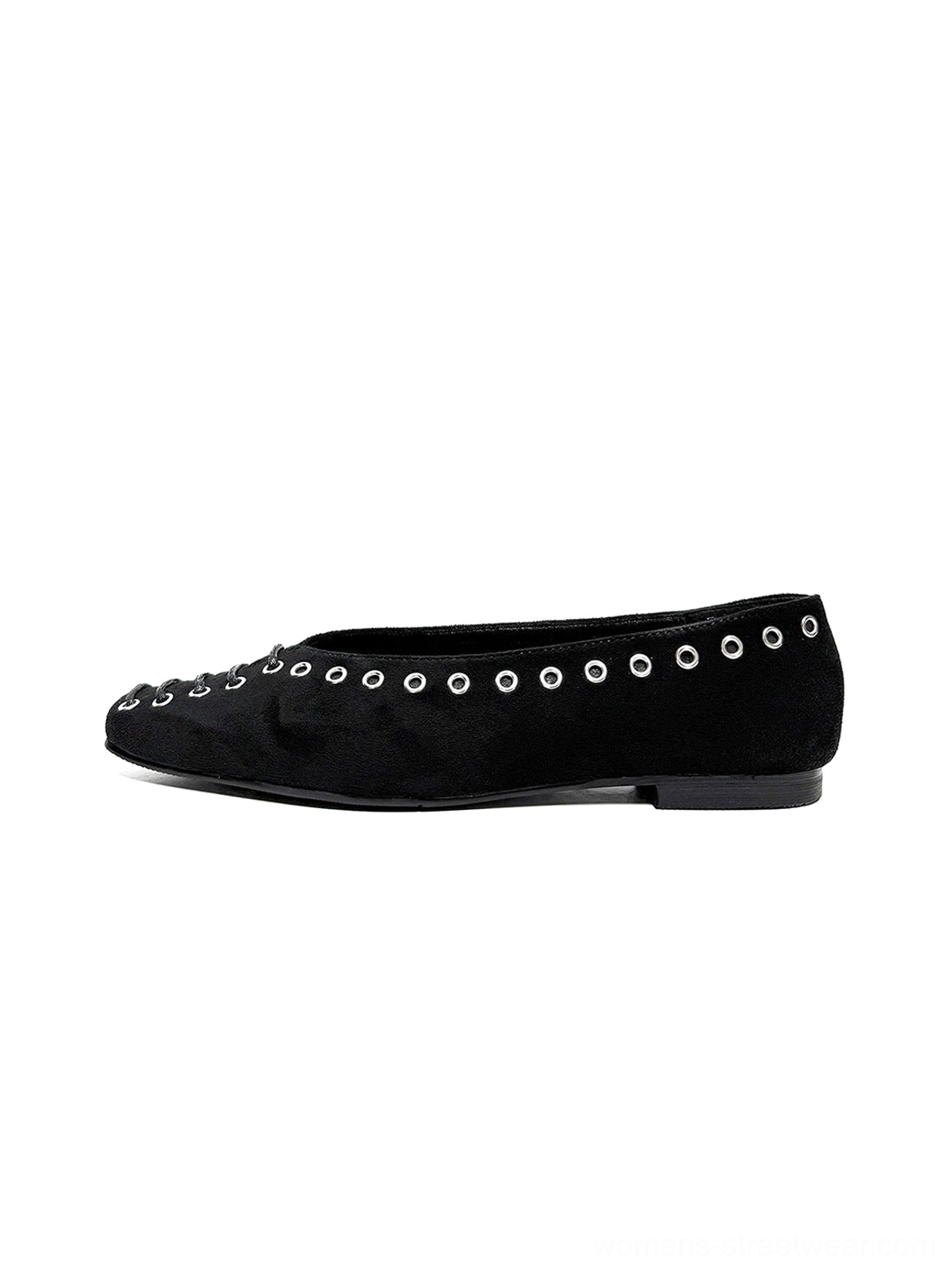 Black square-toe ballet flat with silver metal eyelet trim and matte suede-look upper shown in a side profile