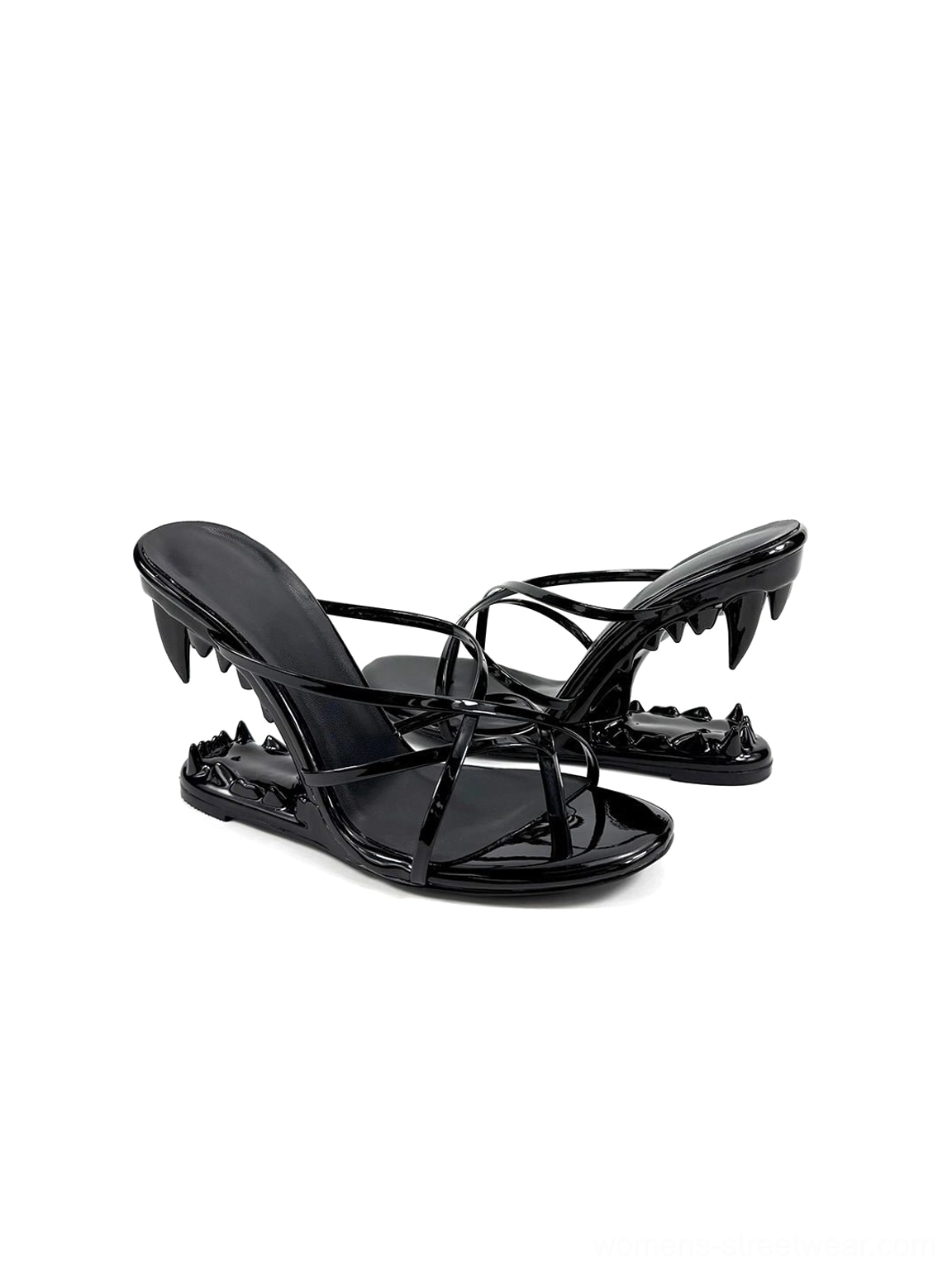 Black fang heel open-toe mule sandals product image showing glossy finish and sculptural silhouette