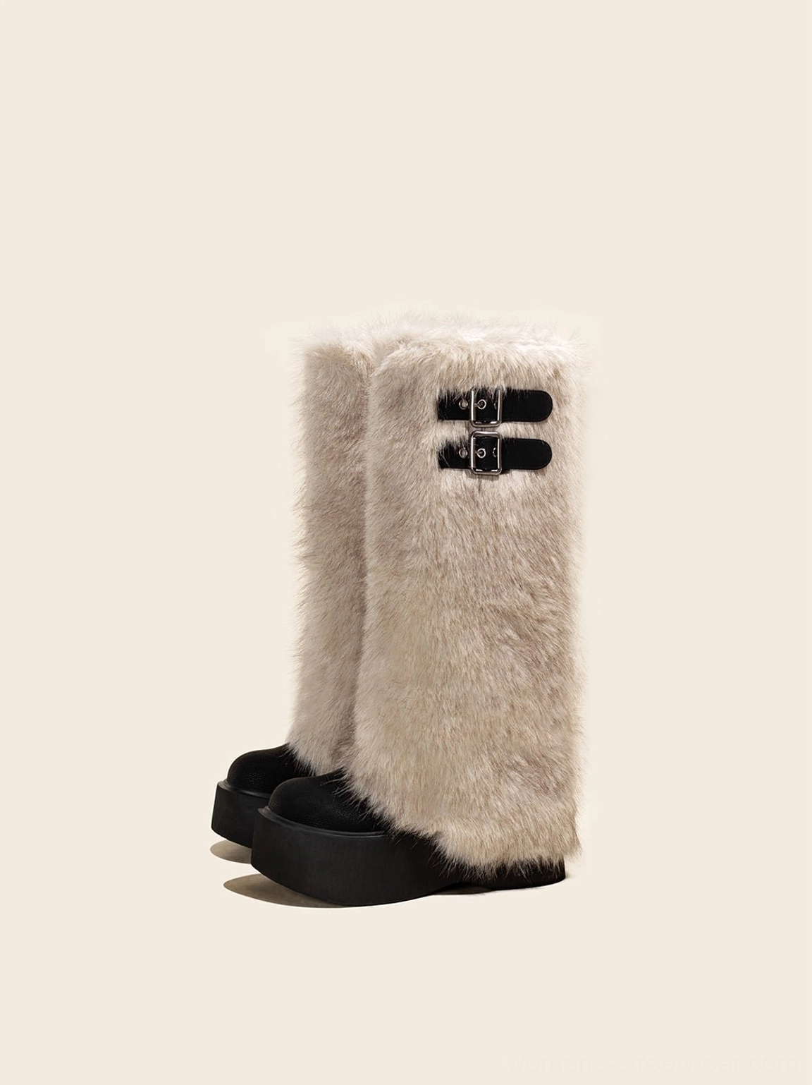 Pair of faux fur double-buckle platform tall boots in side view with black buckle straps and thick soles