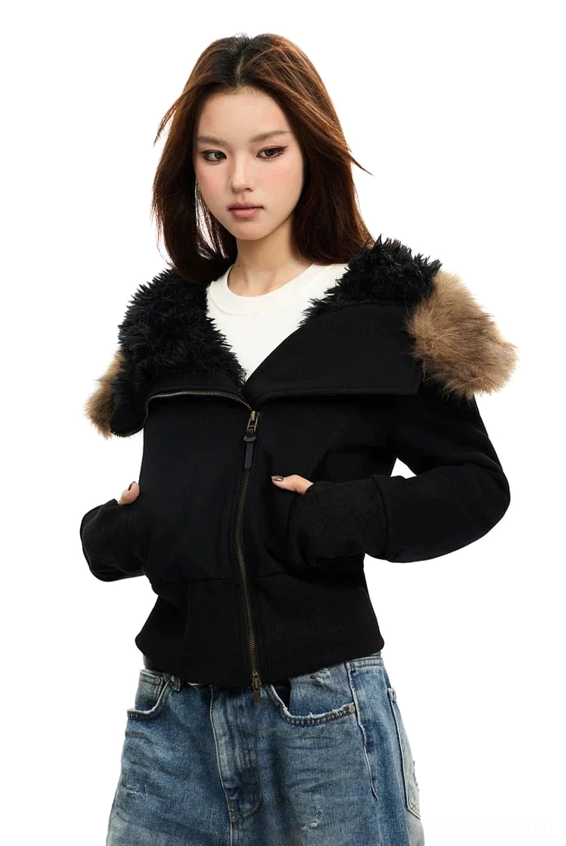 Black zip-up hoodie with contrasting faux-fur hood trim, thumbhole cuffs, and slim cropped Korean streetwear design