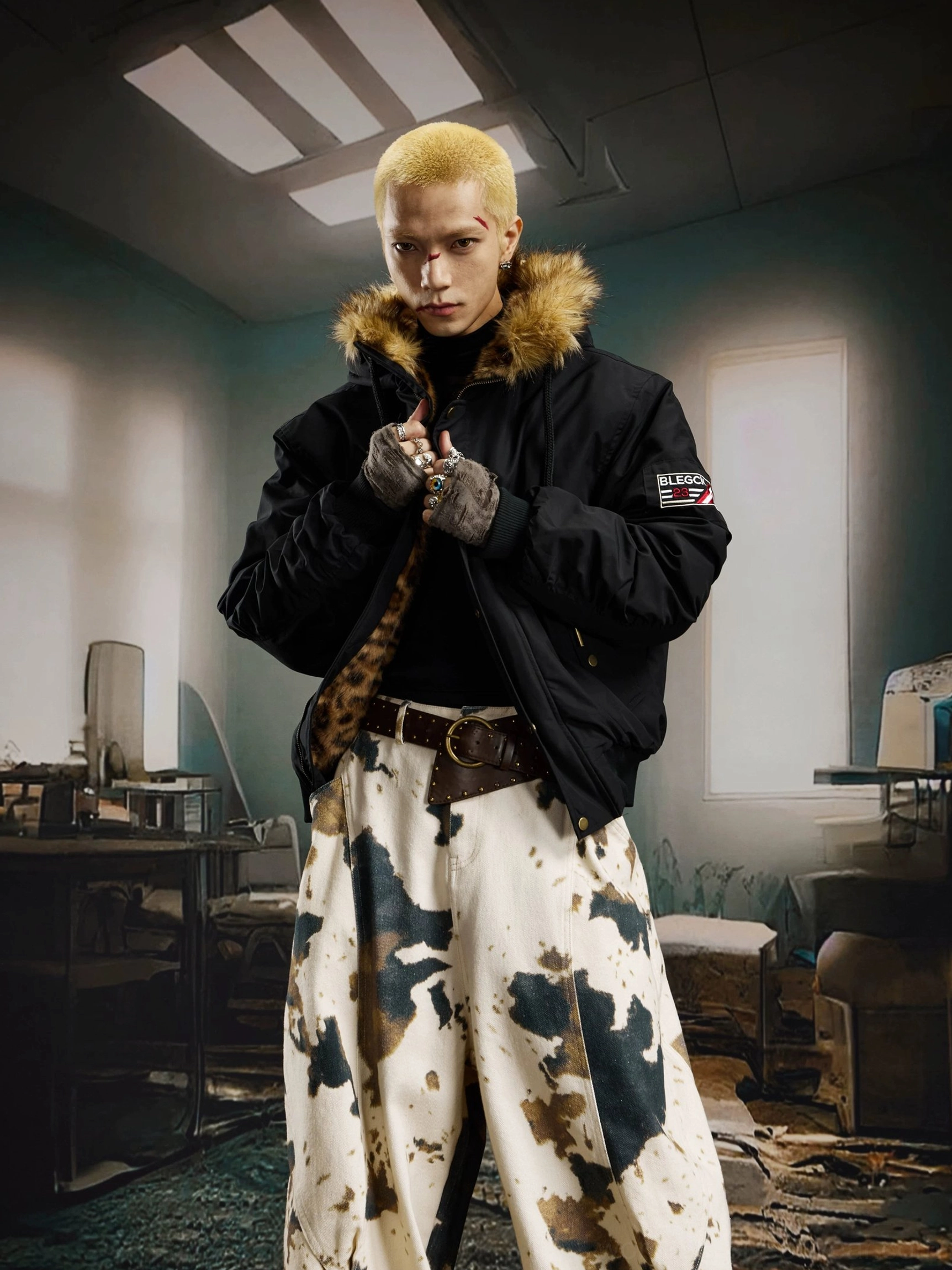 Male model fastening a black faux fur trim hooded bomber jacket with fingerless gloves and layered urban streetwear