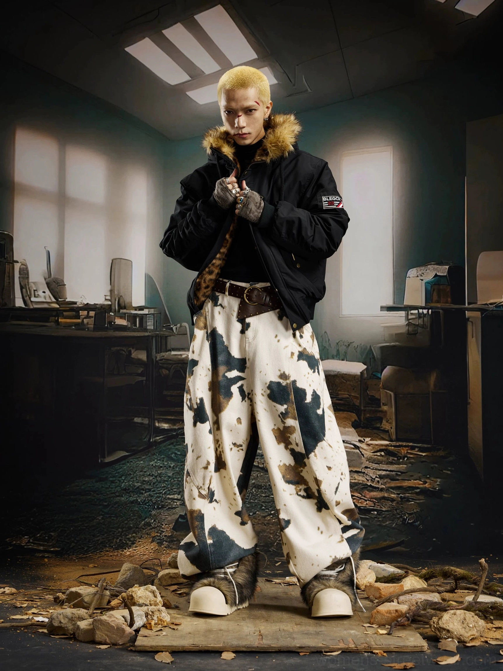Male model adjusting an unfastened black faux fur hooded bomber jacket styled with fingerless gloves and alternative streetwear clothing