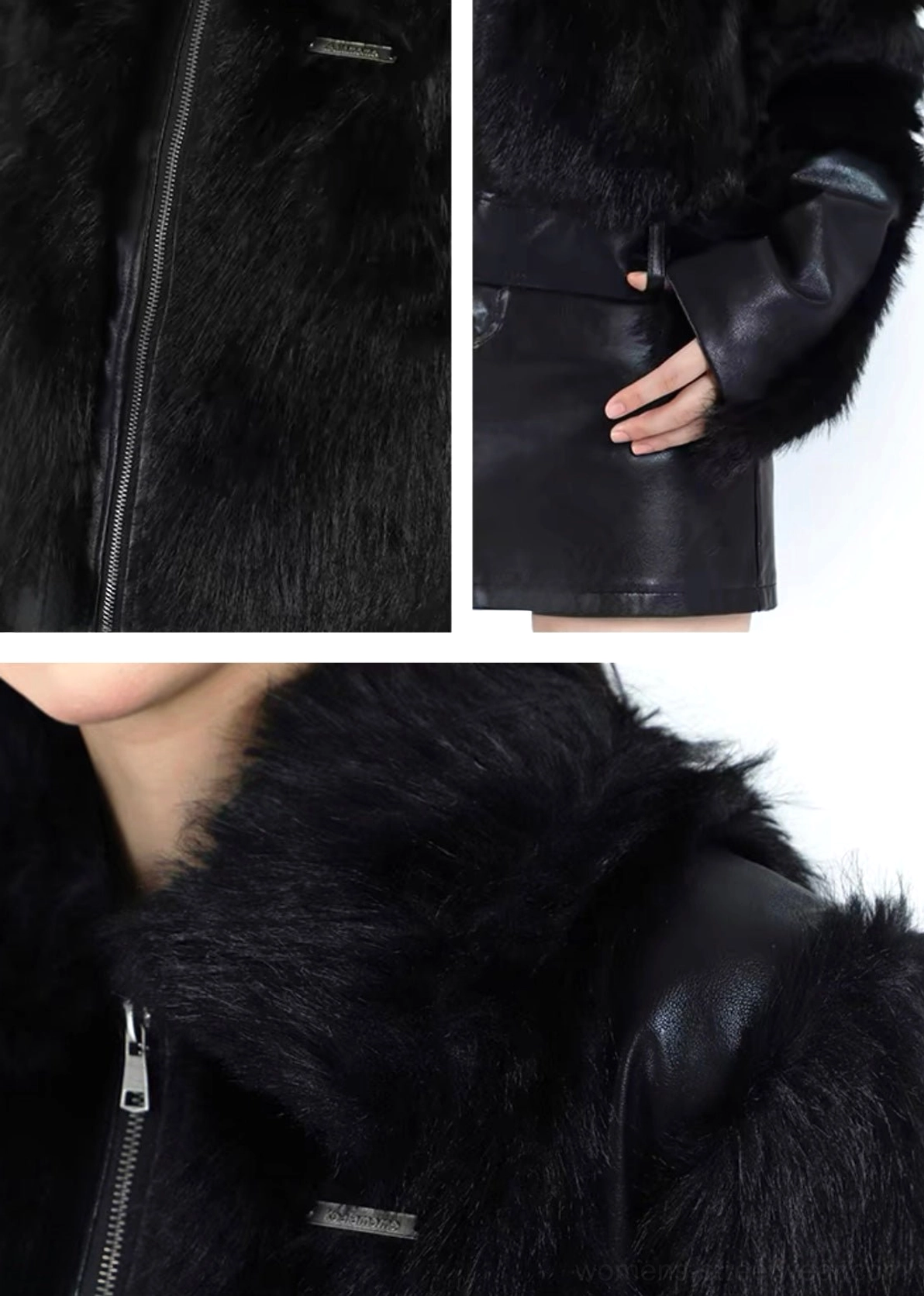 Close-up detail of the black faux fur jacket front zipper, fluffy texture, cropped waist, and leather-look pocket trim
