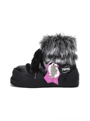 Side view of a black short insulated snow boot with a thick platform sole, black and white faux-fur collar, and fuzzy laces