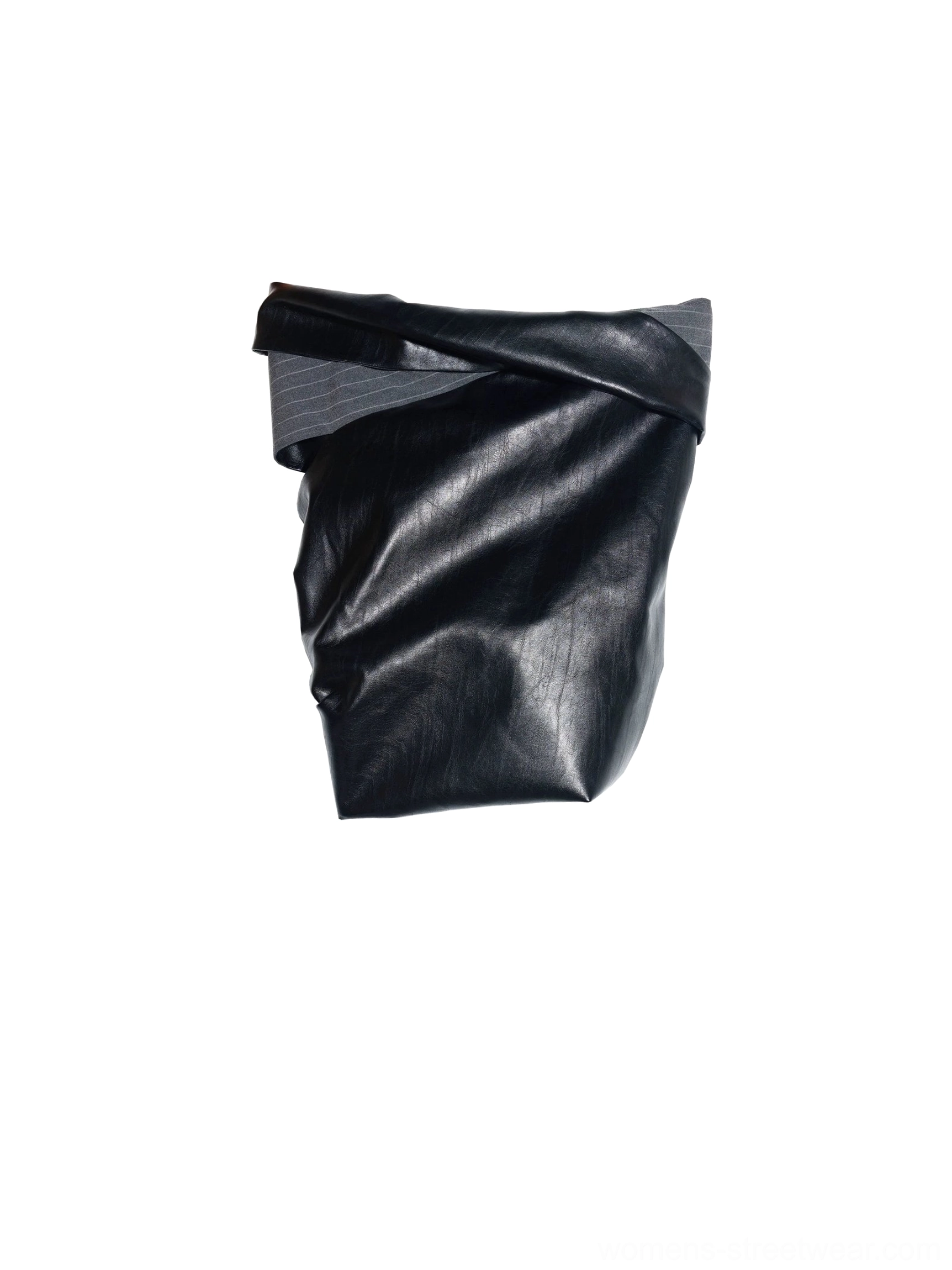 Flat lay of a black faux leather chain shoulder pouch with folded origami texture, matte finish, and detachable metal chain strap