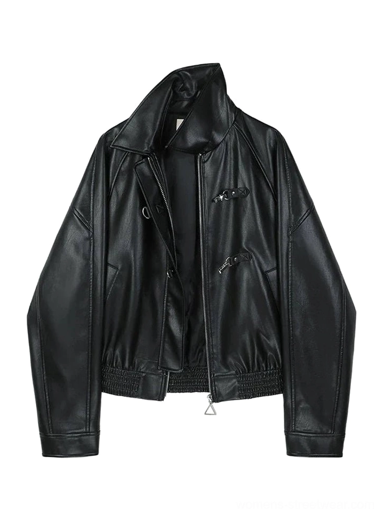 Flat lay front view of black faux leather toggle zip cropped jacket with dropped shoulders and elasticated hem