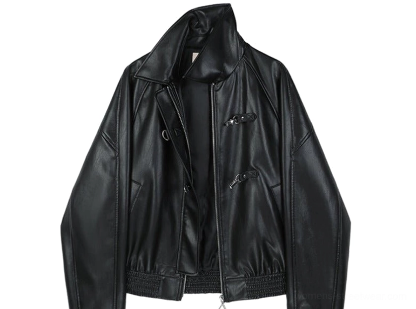 Three-quarter left product view of black faux leather cropped toggle jacket with exposed zipper notched lapel and seam details