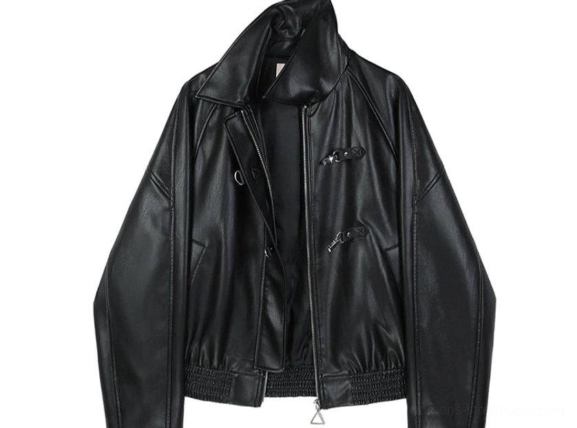 Front three-quarter product view of black faux leather toggle zip streetwear jacket showing interior lining and elasticated hem