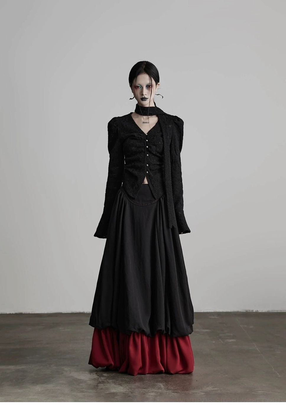 Black faux two-piece A-line maxi skirt with wine red ruffle hem and dark romantic styling