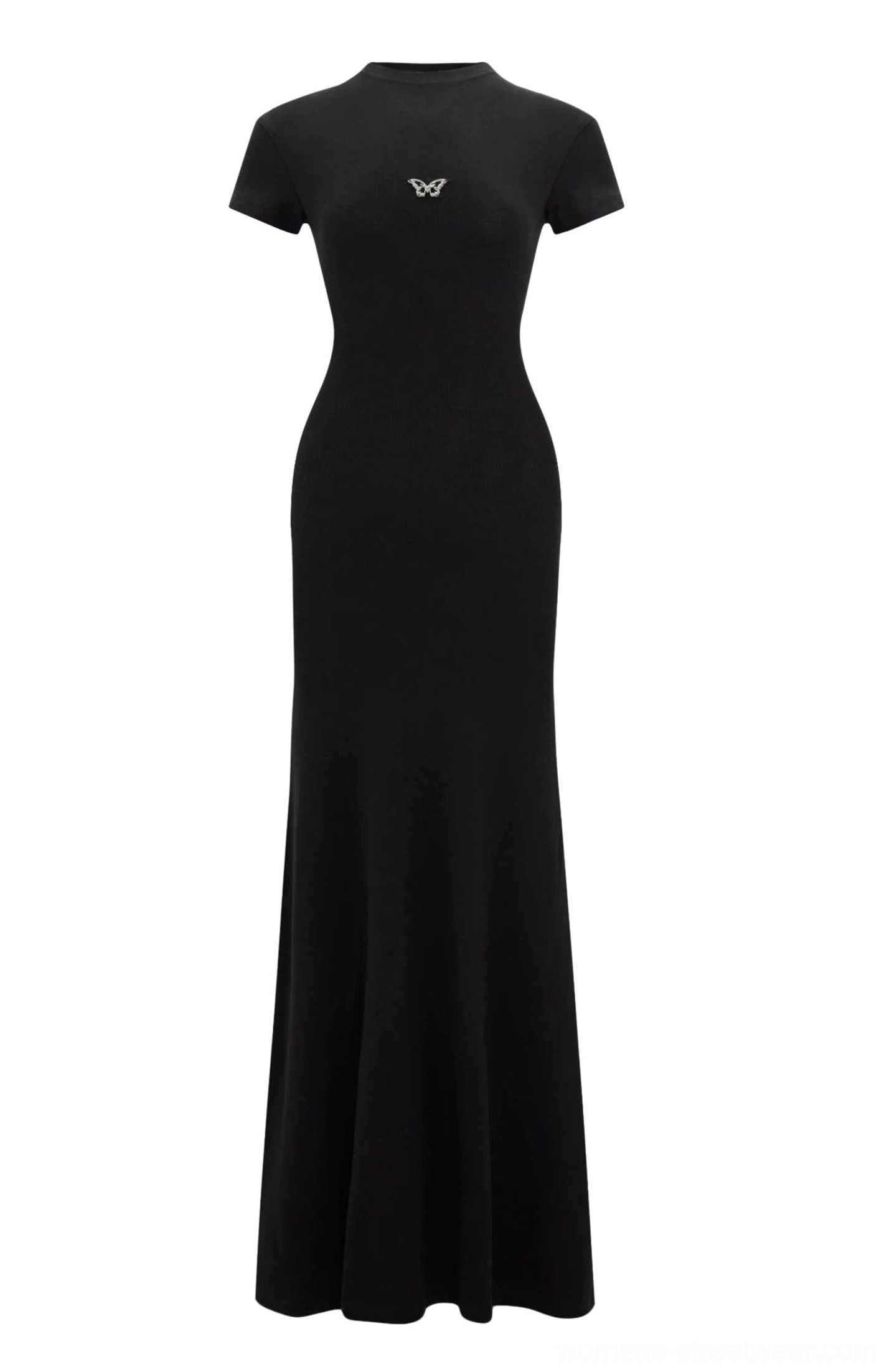 Black fitted maxi dress flat lay featuring mock neck short sleeves butterfly chest emblem and matte knit fabric