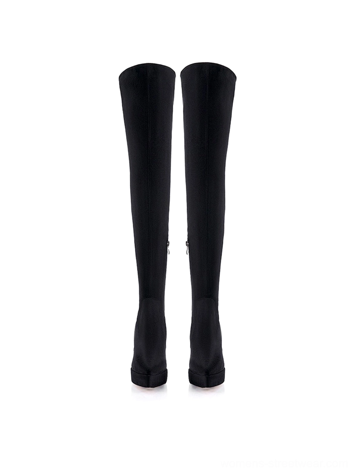 Rear view of black fitted thigh-high suede-look platform stiletto boots displayed as a pair