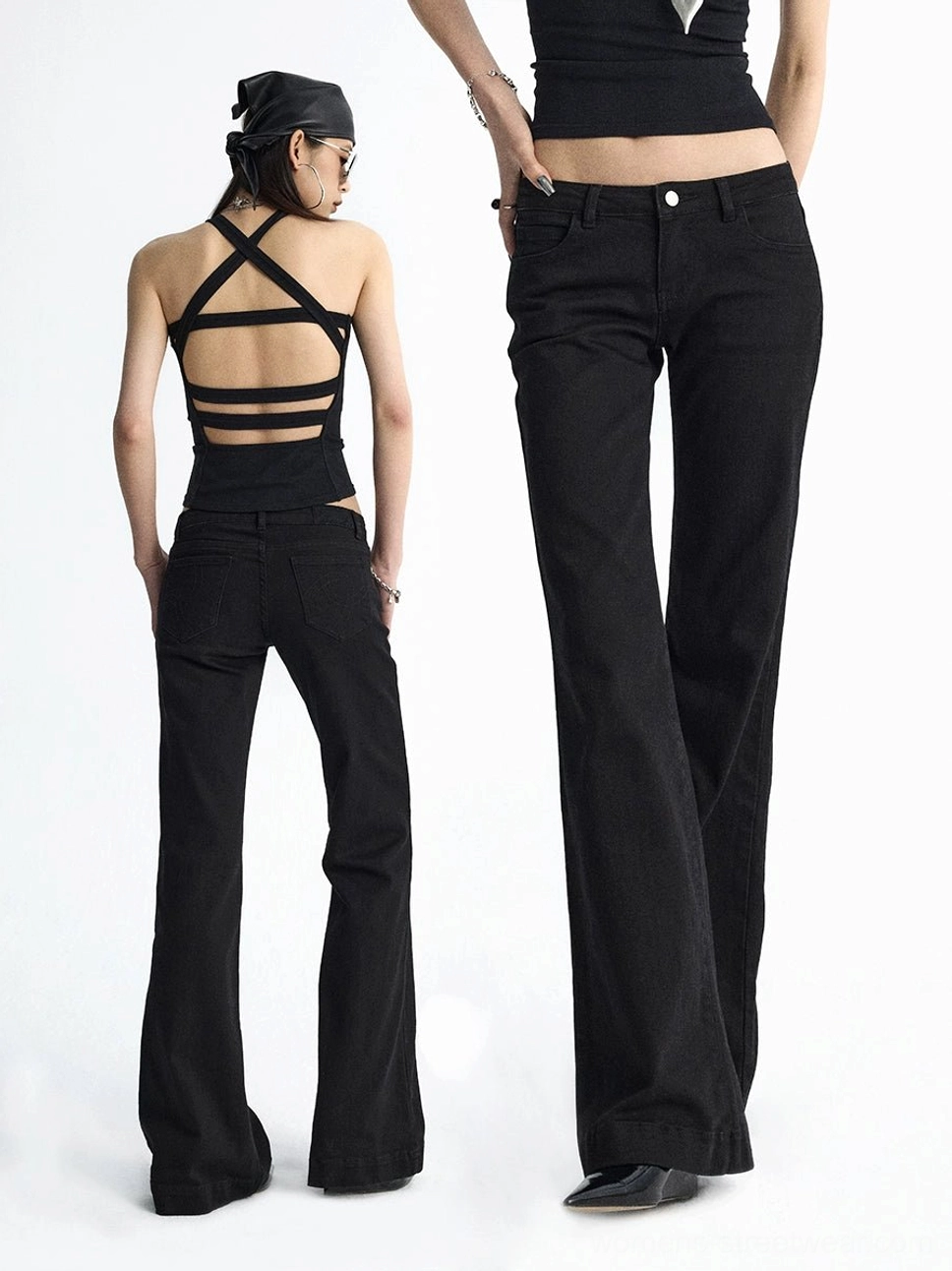 Black flare jeans shown from the side and back with a low-rise waist and tailored streetwear fit